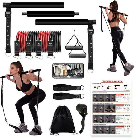Ultimate Pilates bar kit.Multiple Fitness bar with Resistance Bands, Ab Rollers. Core Strength Training Equipment. Squat Machine for Men and Women. Portable Home Gym