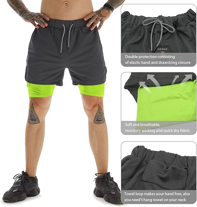 OEBLD Mens Athletic Shorts 2-in-1 Gym Workout Running 7'' Shorts with Towel Loop