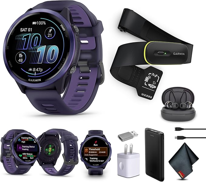Garmin Forerunner 570 Running Smartwatch, 47MM WiFi, GPS Fitness Watch for Men and Women, Indigo Aluminum with Translucent Imperial Purple/Indigo Band + Access 600 Fitness Monitor, XS-S + More