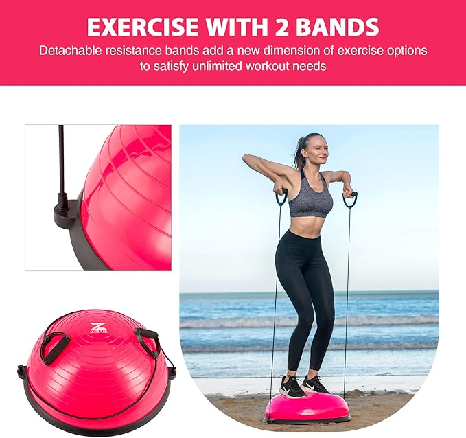 ZELUS Balance Ball Trainer with Resistance Bands and Foot Pump, Inflatable Yoga Ball for Home Gym Workouts, 23 Inch Exercise Half Ball for Balance Training Core Strength Fitness More, 330lb Cap