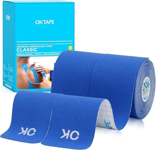 OK TAPE Kinesiology Tape 10 inches Precut, 20 Strips, Cotton Elastic Athletic Tape Latex Free, 2inch x 16ft, 2 Rolls Navy Blue