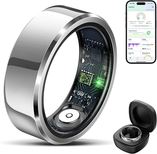 Smart Ring Health Tracker for Men Women, Waterproof Fitness Ring, Bluetooth Connected Health Ring, Activity Tracker Records Steps Distance Calories, Compatible with Android & iOS