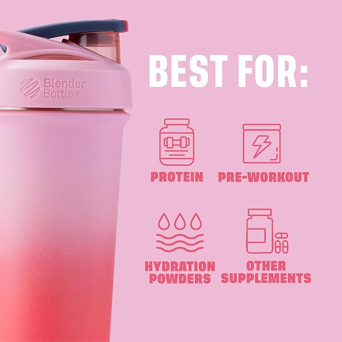 BlenderBottle Strada Sleek Shaker Cup Insulated Stainless Steel Water Bottle with Wire Whisk, 25-Ounce, Flamingo Ombre