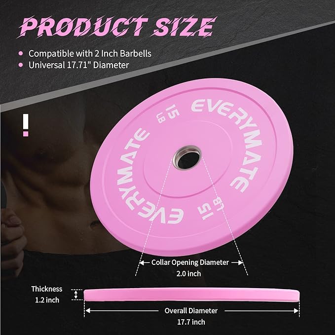 Pink Weight Plates 10LB 15LB 25LB 35LB 45LB Olympic Bumper Plates Grip Weight Plates for Strength Training & Crossfit Steel Inserts Weight Plates Fit 2" Barbells Virgin Rubber Weights