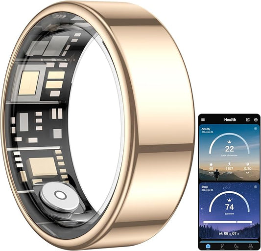 Temdan Smart Ring (Upgraded), Wearable Fitness Smart Ring Health Tracker, Sleep Quality & Heart Rate & Blood Oxygen Monitoring, IP68 Waterproof, No Subscription Fees, Smart Ring, Gold, Size 11