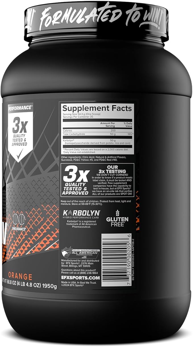 EFX Sports Karbolyn Fuel | Fast-Absorbing Carbohydrate Powder | Carb Load, Sustained Energy, Quick Recovery | Stimulant Free | 35 Servings (Orange)