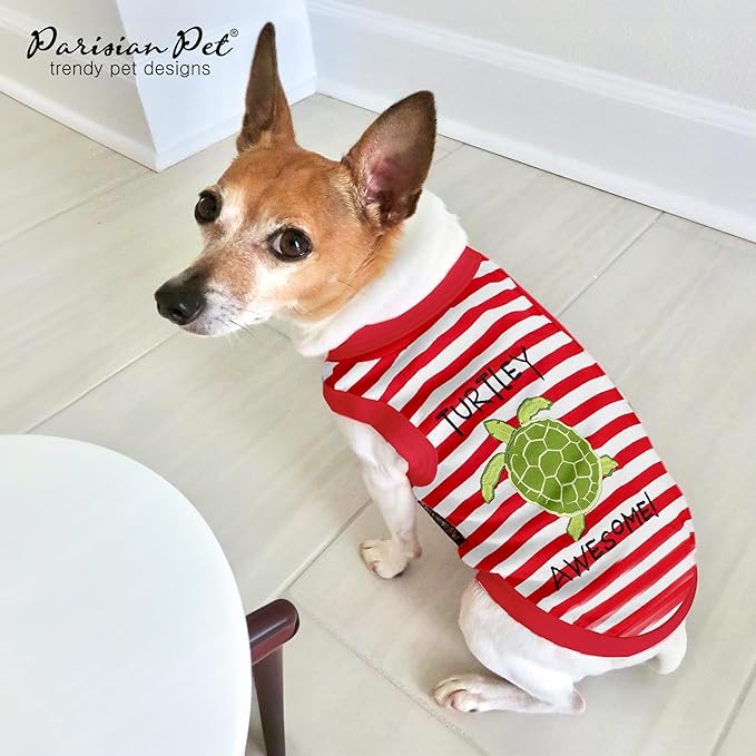Parisian Pet Dog Tshirt - Embroidered “ Turtley Awesome! “ Dogs Clothes - Breathable and Lightweight Dog Tank Top - Sleeveless Red Doggy Tee Shirts - Machine Washable Shirts for Small Dogs - XS