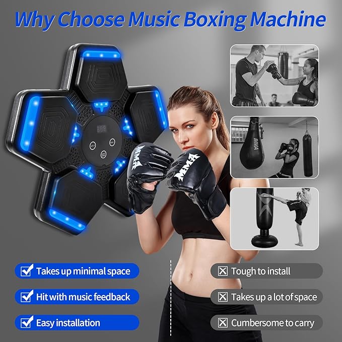 Music Boxing Machine, Wall Mount Punching Bag With Gloves, Bluetooth Target for Kids Adult, Workout Equipment for Home, Office, Gym