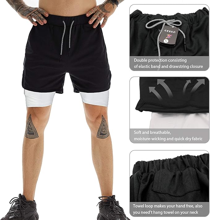 OEBLD Mens Athletic Shorts 2-in-1 Gym Workout Running 7'' Shorts with Towel Loop