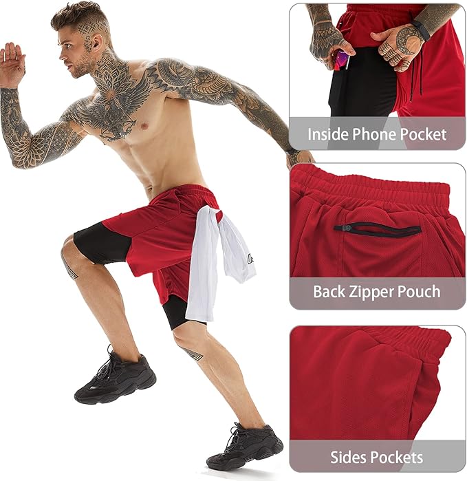 OEBLD Mens Athletic Shorts 2-in-1 Gym Workout Running 7'' Shorts with Towel Loop