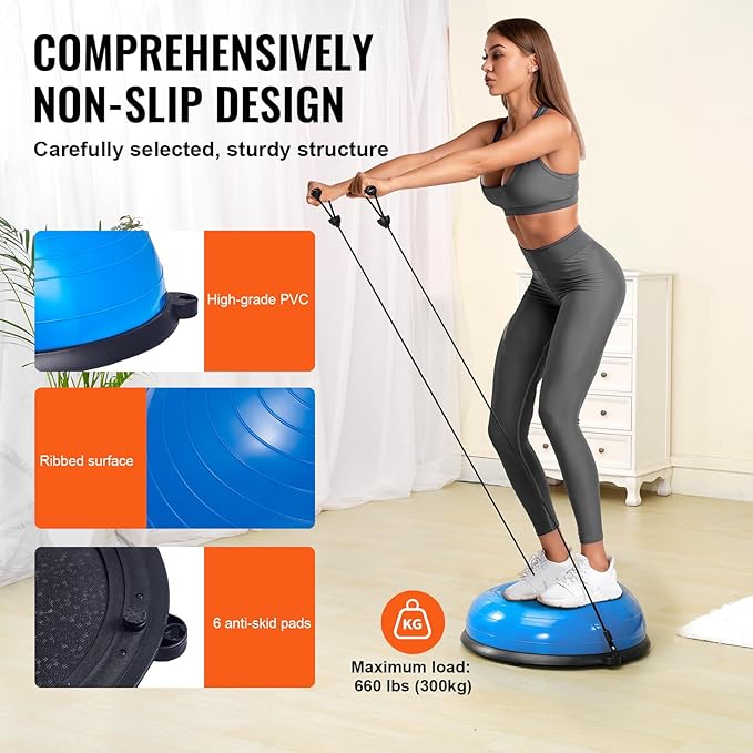VEVOR Half Exercise Ball Trainer, 23/26 inch Balance Ball Trainer, 1500lbs Capacity Stability Ball, Yoga Ball with Resistance Bands & Foot Pump, Strength Fitness Ball for Home Gym Full Body Workout Black