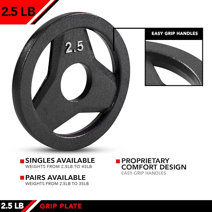 JFIT Olympic 2" Cast Iron Grip Plate OR 2" Rubber Bumper Plates for Barbell - Singles OR Pairs - 6 Weights Available (2.5lbs to 45lbs) Plates for Strength Training, Weightlifting, Bodybuilding