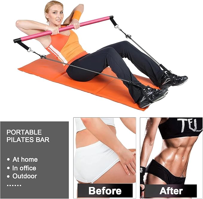 Pilates Bar Kit Perfect for Home Office Gym 4Pcs Resistance 3Pcs Adjustable 2Pcs Feet (10Pcs Set)