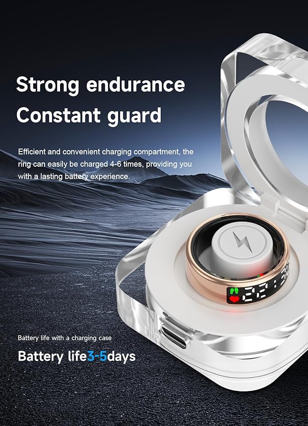 Fitness Tracker Ring, Smart Ring with Display & Charging Case, Accurate Monitoring of Pedometer, Heart & Temperature, IP68 Waterproof, 5-Day Battery Life, Black