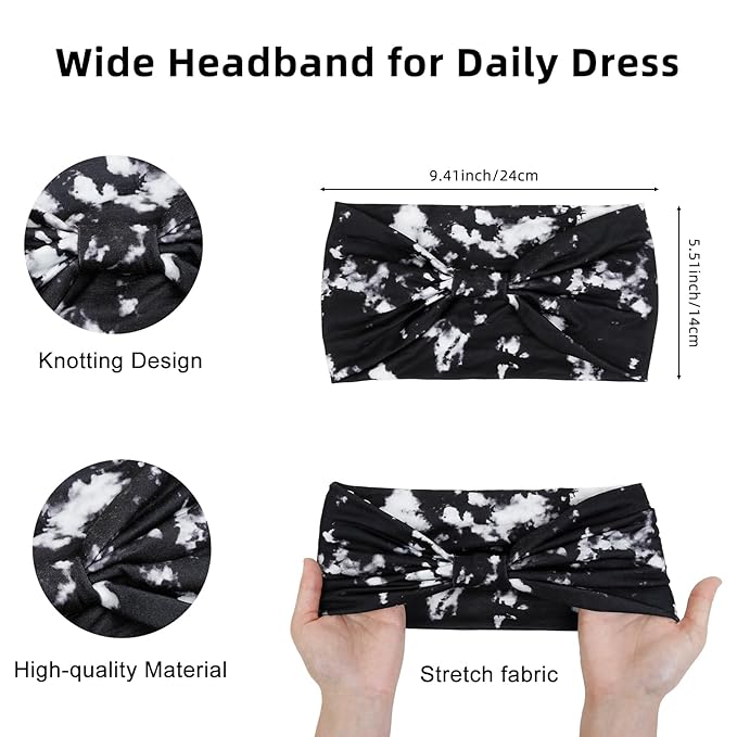 Huachi Tie Dye Headbands for Women Wide Head Wraps Boho Thick Hairbands Large African Sport Yoga Turban Headband Hair Accessories (Pack of 4)