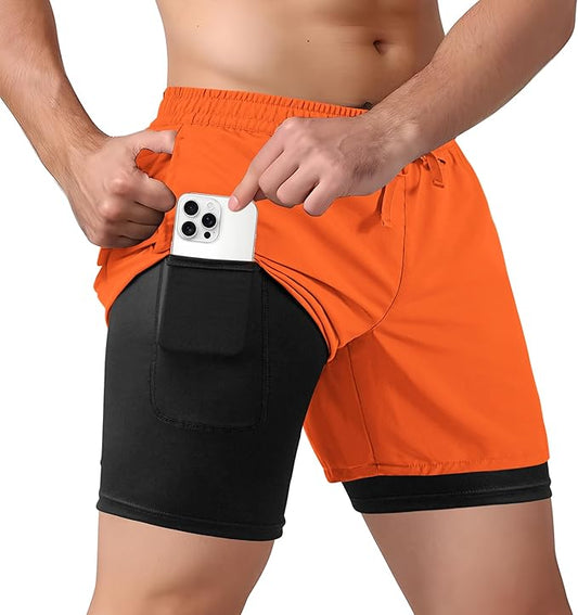 Men's 2 in 1 Athletic Quick Dry Shorts,Running Lightweight,Sweat Wicking Gym Workout Elastic Short