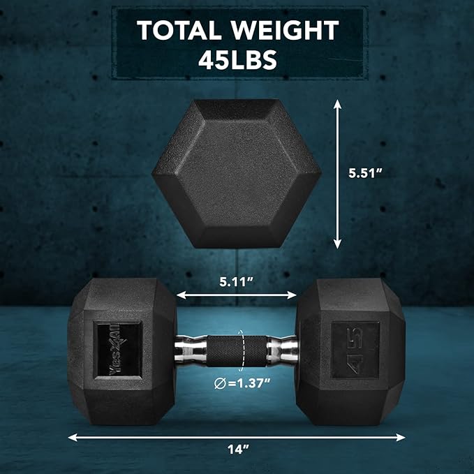 Yes4All Rubber Grip Encased Hex Dumbbell – Hand Weights With Anti-Slip 5-50 LBS Single