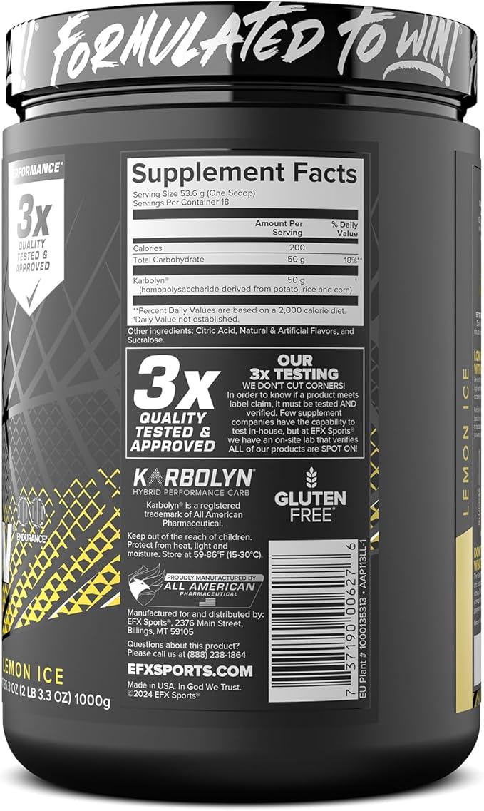 EFX Sports Karbolyn Fuel | Fast-Absorbing Carbohydrate Powder | Carb Load, Sustained Energy, Quick Recovery | Stimulant Free | 18 Servings (Lemon Ice)