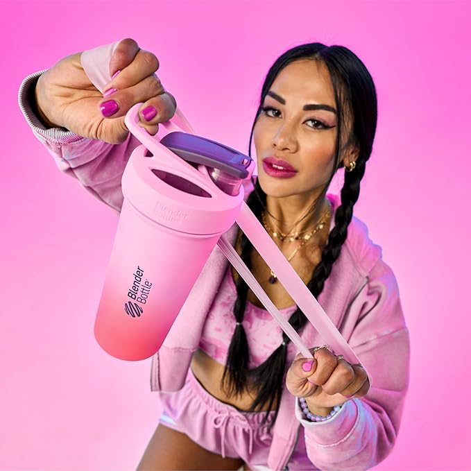 BlenderBottle Strada Sleek Shaker Cup Insulated Stainless Steel Water Bottle with Wire Whisk, 25-Ounce, Flamingo Ombre