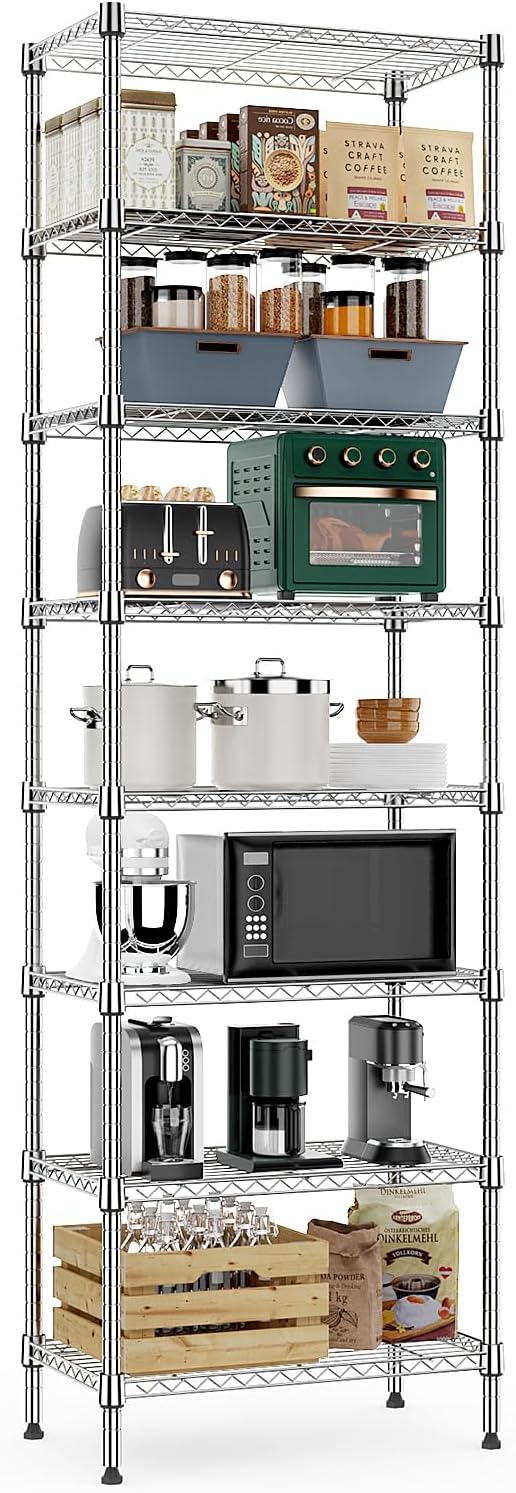 MZG 8 Tier 2000 lbs Storage Rack Metal Wire Shelving Unit, Storage Standing Shelf Organizer for Laundry Bathroom Kitchen Pantry Closet Garage Basement Utility Room, Chrome 13.8" D x 23.6" W x 79.5" H