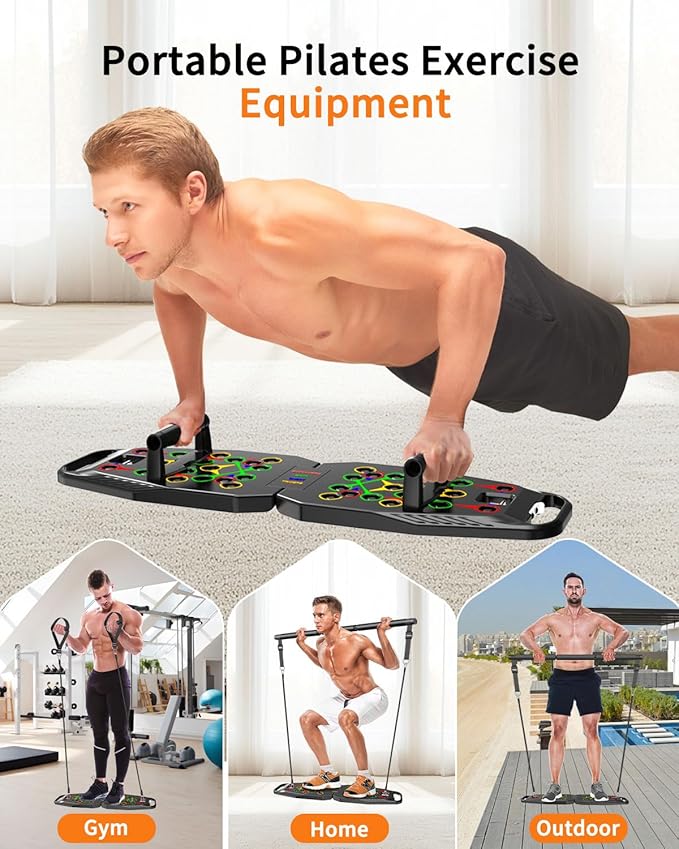 Push UP Board, Pilates Bar & 20 Fitness Accessories with Resistance Bands Ab Roller Wheel, 25 in 1 Foldable Push up Bar at Home Gym, Workout Exercise Equipment for Man and Women-Blackgray