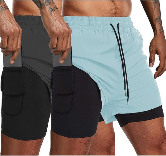 COOFANDY Men's 2 Pack Running Shorts 2 in 1 Workout Shorts Quick Dry Gym Training Athletic Jogger with Phone Pockets