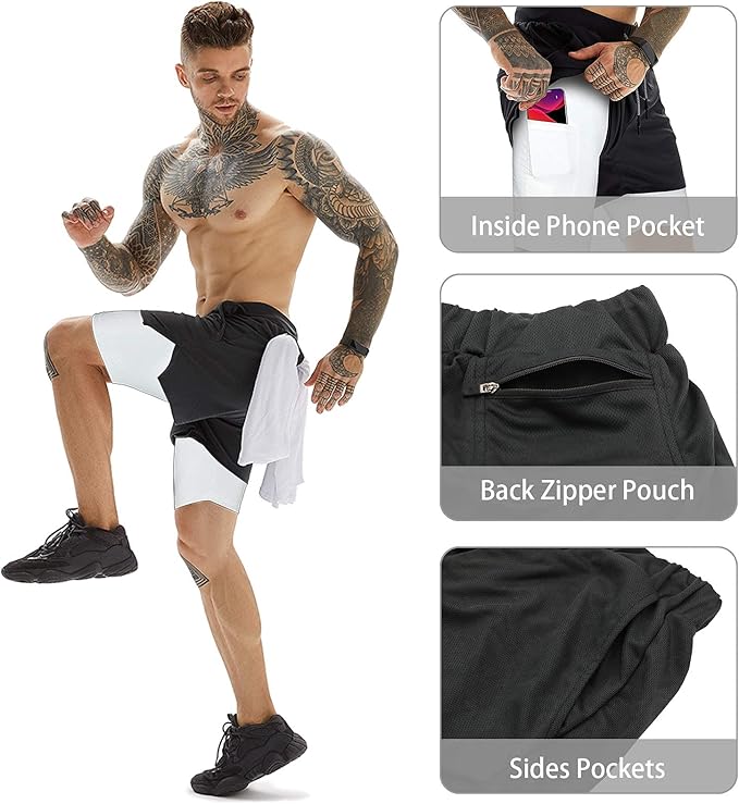 OEBLD Mens Athletic Shorts 2-in-1 Gym Workout Running 7'' Shorts with Towel Loop