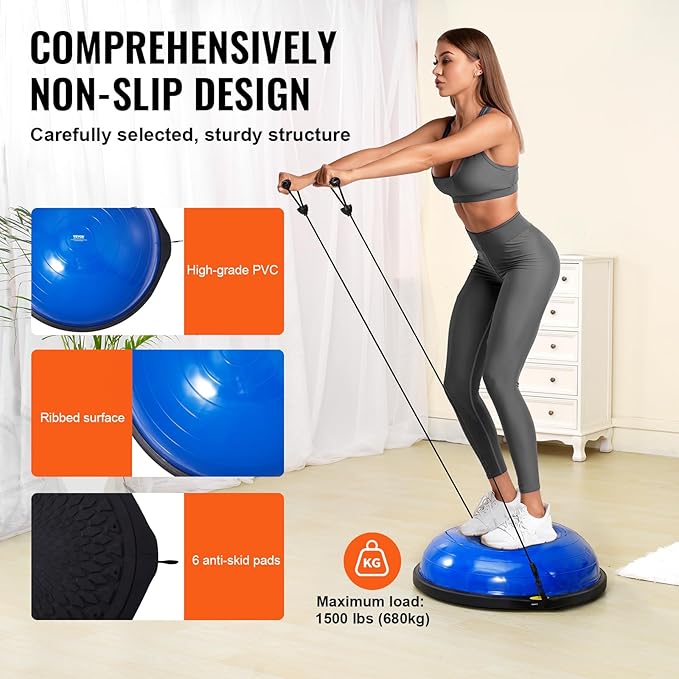 VEVOR Half Exercise Ball Trainer, 23/26 inch Balance Ball Trainer, 1500lbs Capacity Stability Ball, Yoga Ball with Resistance Bands & Foot Pump, Strength Fitness Ball for Home Gym Full Body Workout Black