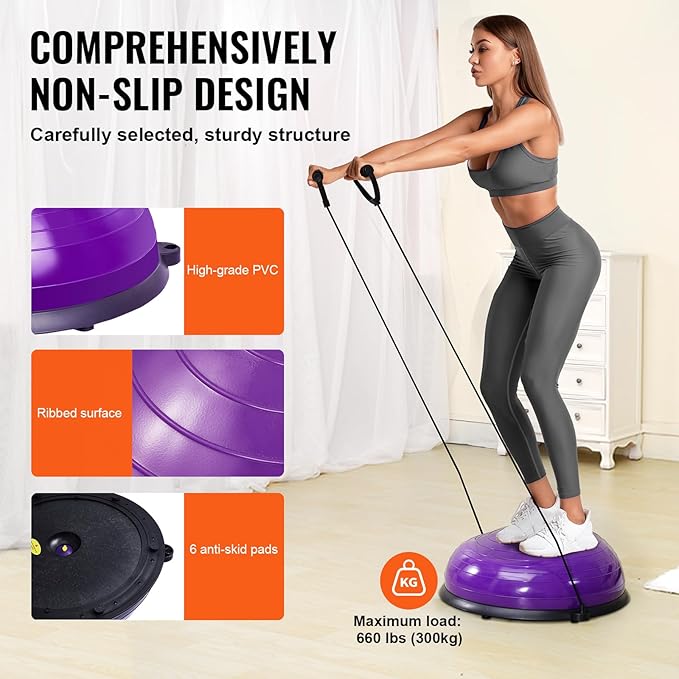 VEVOR Half Exercise Ball Trainer, 23/26 inch Balance Ball Trainer, 1500lbs Capacity Stability Ball, Yoga Ball with Resistance Bands & Foot Pump, Strength Fitness Ball for Home Gym Full Body Workout Black