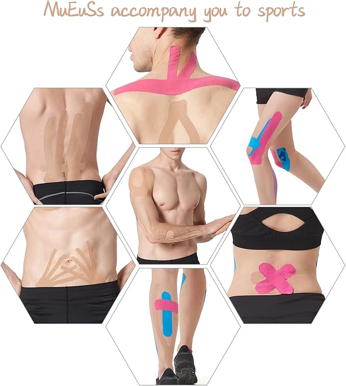 MUEUSS Kinesiology Tape Elastic Cotton Athletic Tape Precut Strips,Waterproof Tape for Protects Muscles,Knees,Shoulders Plantar Fasciitis Pain Relief,Pregnancy Belly Tape (2rolls Pink&Beige)