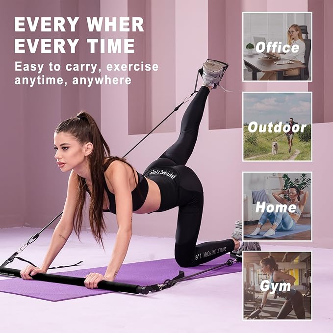 Ultimate Pilates bar kit.Multiple Fitness bar with Resistance Bands, Ab Rollers. Core Strength Training Equipment. Squat Machine for Men and Women. Portable Home Gym