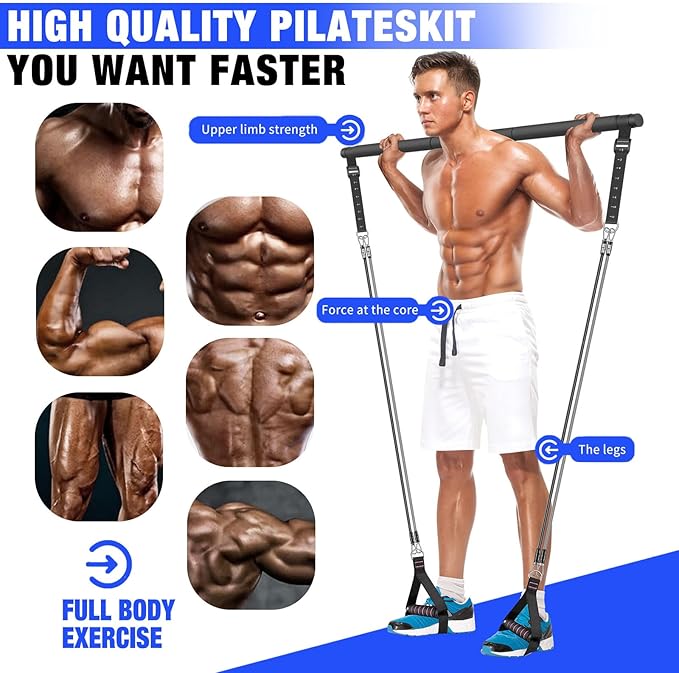 Pilates Bar Kit with Resistance Bands,Pilates Bar with Stackable Bands Workout Equipment for Legs,Hip,Waist and Arm,Exercise Fitness Equipment for Women & Men Home Gym Yoga Pilates