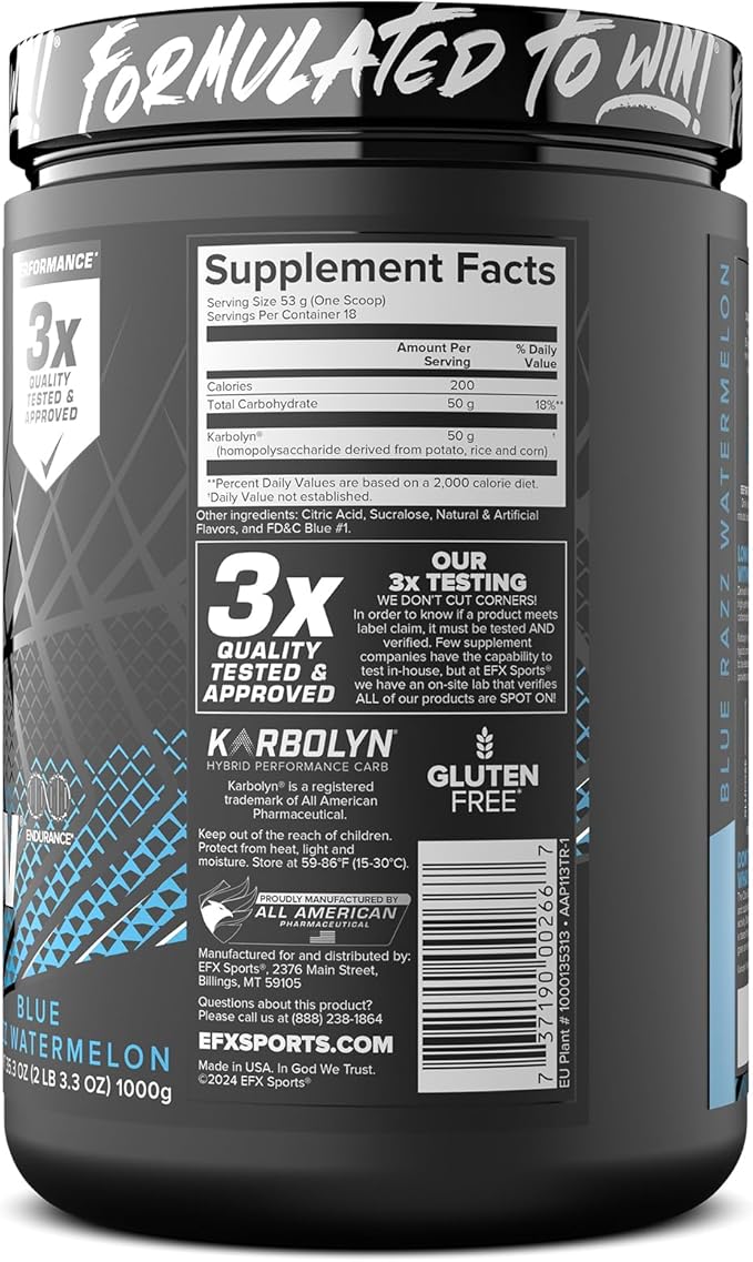 EFX Sports Karbolyn Fuel | Fast-Absorbing Carbohydrate Powder | Carb Load, Sustained Energy, Quick Recovery | Stimulant Free | 18 Servings (Blue Razz Watermelon)