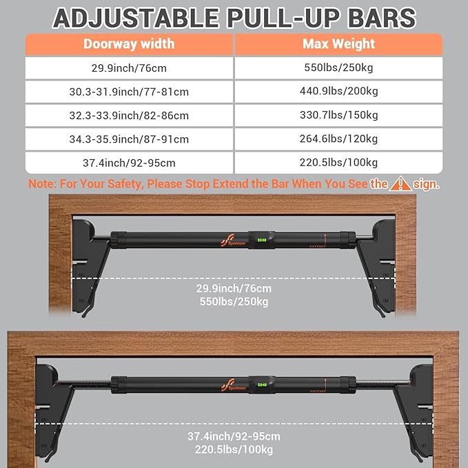 Sportneer Pull up Bar for Doorway No-Screw Adjustable Chin Up Bar for Door Frame Door Pull Up Bar for Home Gym Strength Training Bar Horizontal Bar for Exercise 440 LB