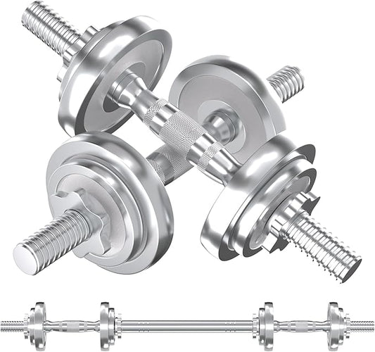 VIVITORY Fitness Dumbbells Set, Adjustable Weight Sets up to 11/22/44/66/110 lbs, with Metal Connecting Rod Used As Barbell, Chromed Weights, Hardcover Gift Box, Home Gym Work Out Training Equipment