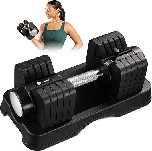 Lifepro Adjustable Dumbbells Set - 5in1-15lb 25lb 43lb weights Set & Single with Rack - Quick Adjust, Secure Grip - Compact Hand Weights for Men Women Home Gym