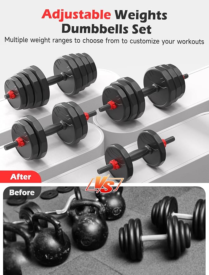 Adjustable Dumbbells, 20/30/40/55/60/70/80/90lbs Free Weight Set with Connector, 2 or 3 in 1 Dumbbells Used as Barbell, Kettlebells, Fitness Exercises for Home Gym Suitable for Men/Women