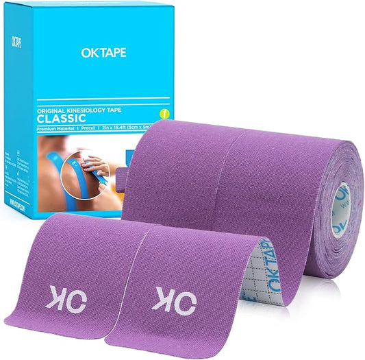 OK TAPE Kinesiology Tape 10 inches Precut, 20 Strips, Cotton Elastic Athletic Tape Latex Free, 2inch x 16ft, 2 Rolls Purple