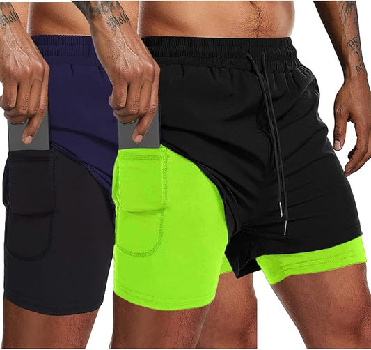 COOFANDY Men's 2 Pack Running Shorts 2 in 1 Workout Shorts Quick Dry Gym Training Athletic Jogger with Phone Pockets