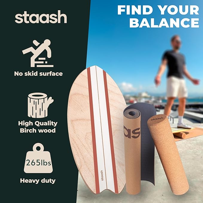 STAASH® Balance Board – Starter (Board + Roller) or Full Kit (w/Mat, Ball & Disc) – Core Balance Trainer for Fitness, Rehab, Surf – Free Coaching Videos