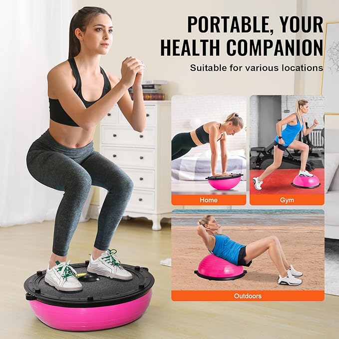 VEVOR Half Exercise Ball Trainer, 23/26 inch Balance Ball Trainer, 1500lbs Capacity Stability Ball, Yoga Ball with Resistance Bands & Foot Pump, Strength Fitness Ball for Home Gym Full Body Workout Black