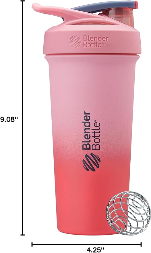 BlenderBottle Strada Sleek Shaker Cup Insulated Stainless Steel Water Bottle with Wire Whisk, 25-Ounce, Flamingo Ombre