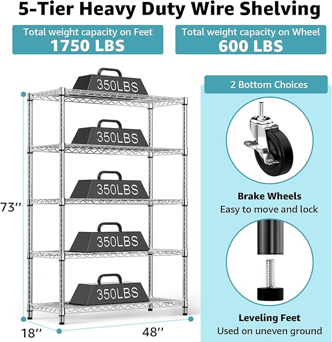 Steel Storage Shelving 5-Tier Utility Shelving Unit with Wheels, Steel Organizer Wire Rack for Home,Kitchen,Office,Garage,17.7" D x 47.2" W x 76.7" H-Chrome