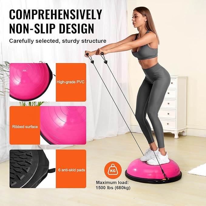 VEVOR Half Exercise Ball Trainer, 23/26 inch Balance Ball Trainer, 1500lbs Capacity Stability Ball, Yoga Ball with Resistance Bands & Foot Pump, Strength Fitness Ball for Home Gym Full Body Workout Black