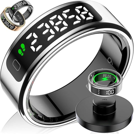 Smart Ring with LED Display Screen, Fitness Tracker Smart Rings for Women Men, Health Ring for iOS & Android, Sleep Tracker Ring Compatible with Heart Rate, SpO2, Sleep, Step (Silver, 12)