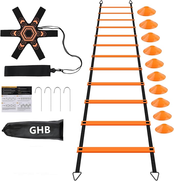 GHB Pro Agility Ladder Soccer Kick Trainer Set 20ft 12 12 Rung10 Rung10 Cones 4 Stakes