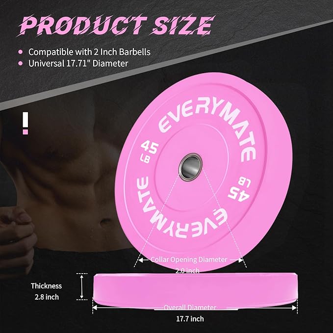 Pink Weight Plates 10LB 15LB 25LB 35LB 45LB Olympic Bumper Plates Grip Weight Plates for Strength Training & Crossfit Steel Inserts Weight Plates Fit 2" Barbells Virgin Rubber Weights