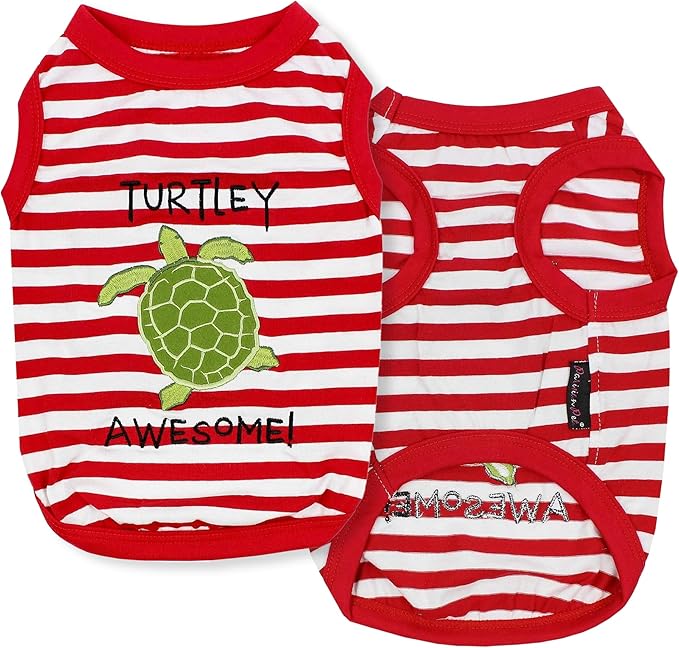 Parisian Pet Dog Tshirt - Embroidered “ Turtley Awesome! “ Dogs Clothes - Breathable and Lightweight Dog Tank Top - Sleeveless Red Doggy Tee Shirts - Machine Washable Shirts for Small Dogs - XS