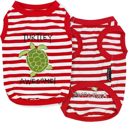 Parisian Pet Dog Tshirt - Embroidered “ Turtley Awesome! “ Dogs Clothes - Breathable and Lightweight Dog Tank Top - Sleeveless Red Doggy Tee Shirts - Machine Washable Shirts for Small Dogs - XS