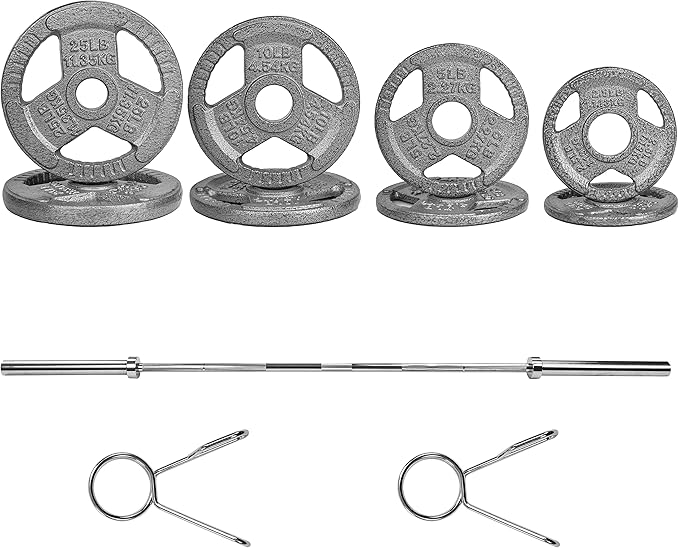 Signature Fitness Cast Iron Olympic 2-Inch Weight Plates Including 7FT Olympic Barbell, 130-Pound, 300-Pound or 325-Pound Set, Multiple Packages